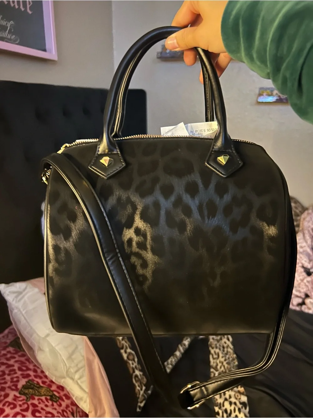 Baby Phat Black Satchel with Cat Appliqué and Gold Chain